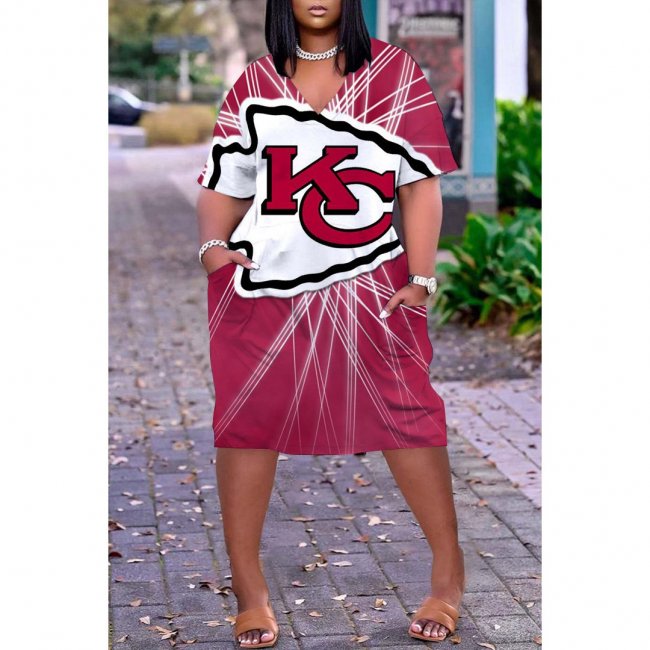 Kansas City Chiefs Print Fashion Casual V Neck Short Sleeve Dress