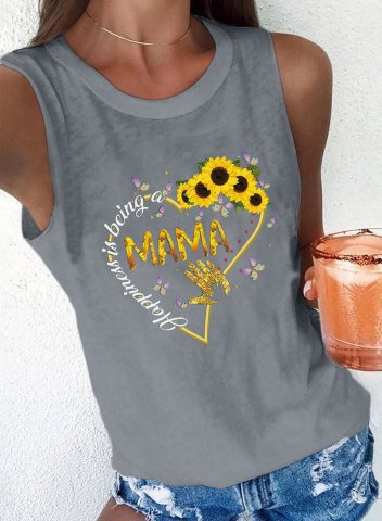 Women's Tank Tops Happiness is Being a Mama Sunflower Solid Summer Sleeveless Round Neck Basic Mom Tops