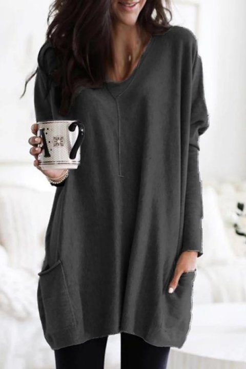 V Neck Long Sleeves Pockets Blouse