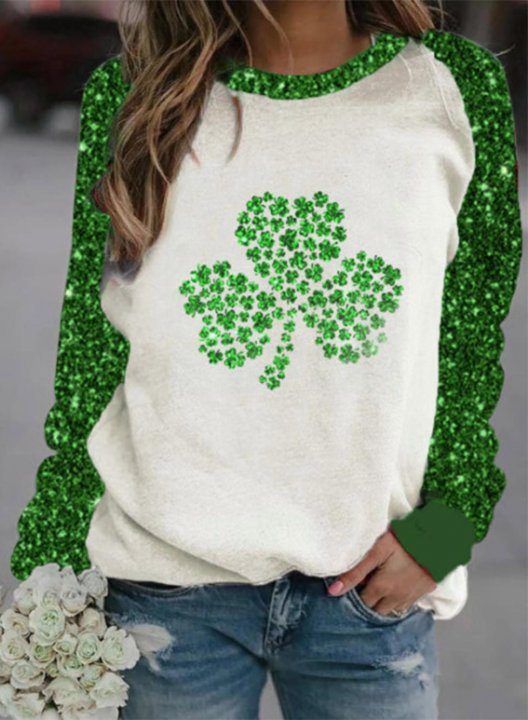 Women's St Patrick's Day Sweatshirt Casual Sequin Shamrock Color Block Round Neck Long Sleeve Daily Pullovers