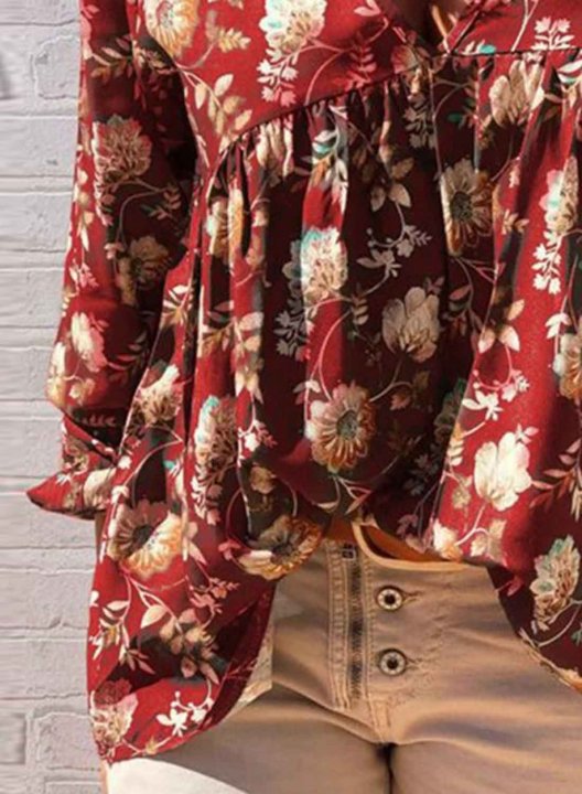 Women's Blouses Floral Long Sleeve V Neck Daily Vacation Beach Boho Blouse