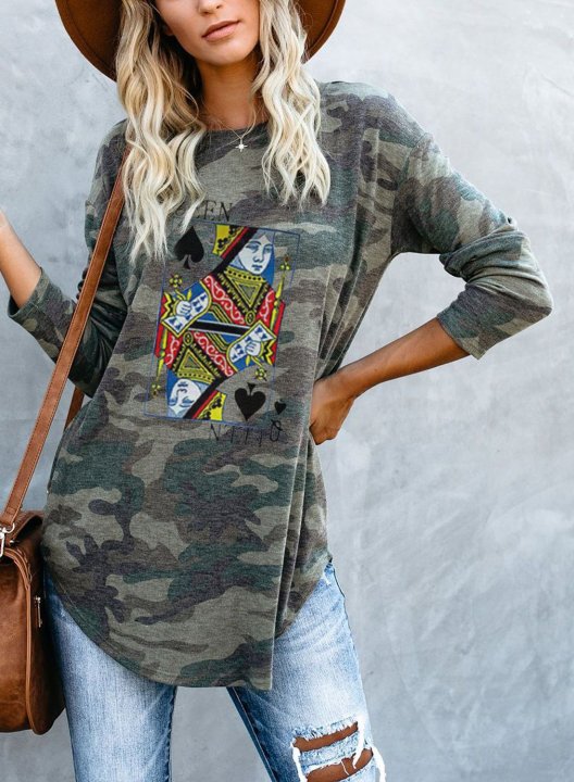 Camouflage Long Sleeve Lip Print Crew Neck Tunic Sweatshirt