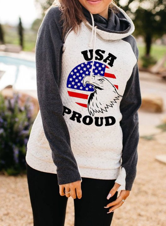 Women's Hoodies American Flag Eagle Print Color-block Long Sleeve Hoodie