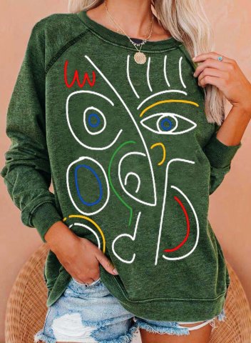 Women's Sweatshirts Abstract Face Graphic Portrait Print Long Sleeve Round Neck Casual Sweatshirt