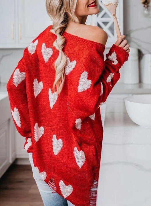 Women's Red Heart Print Sweaters Cold-shoulder Cut-out Basic Knitted Sweater