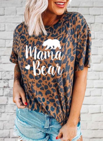 Women's Mama Bear T-shirts Leopard Round Neck Short Sleeve Summer Daily Casual T-shirts