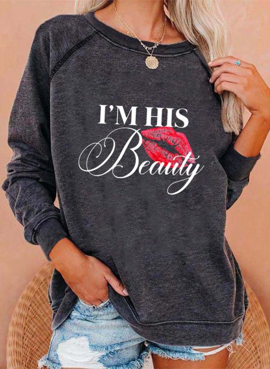 Women's I'm His Beauty Sweatshirts Letter Lip Print Long Sleeve Round Neck Daily Sweatshirt