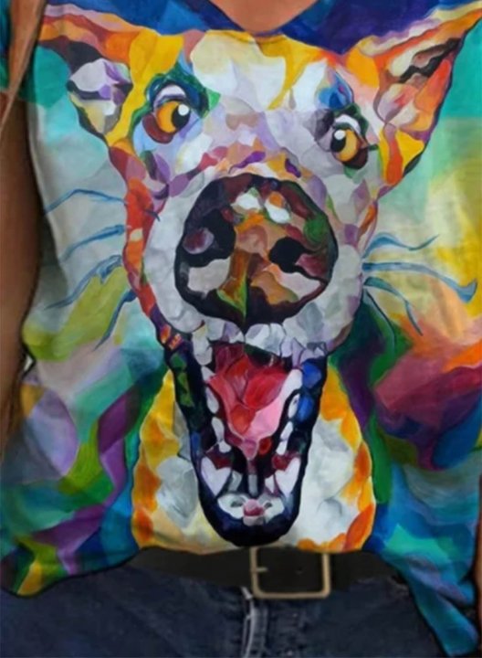 Women's T-shirts Animal Print Color Block Short Sleeve V Neck Daily T-shirt