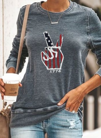 Women's T-shirts Solid America Flag Long Sleeve Round Neck Daily Casual Texas independence day T-shirt