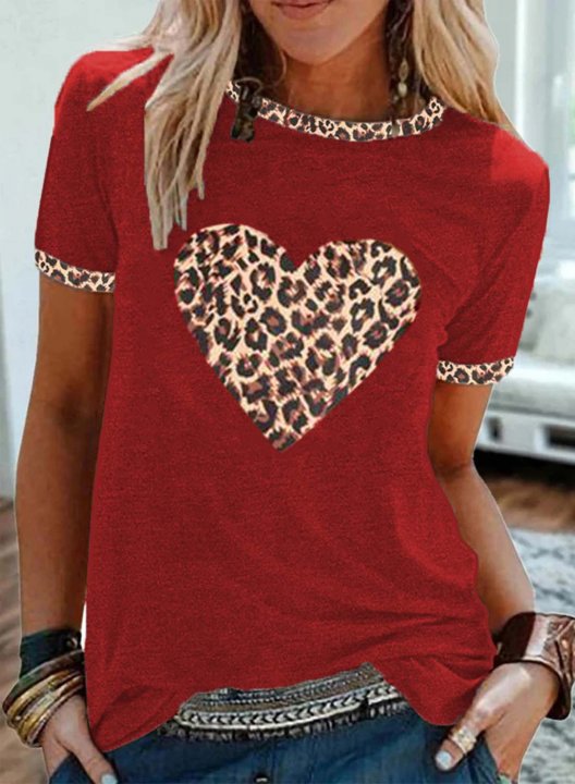 Women's T-shirts Leopard Heart Short Sleeve Round Neck T-shirt