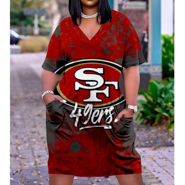 Women's San Francisco 49ers Team Fan Print Pocket Short-sleeved V-Neck Casual Knitted Cotton Dress