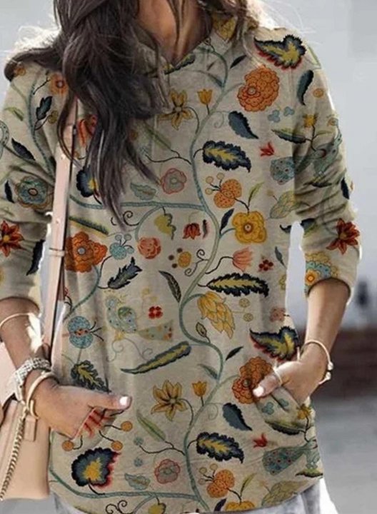 Floral Print Long Sleeve Pocket Hoodie