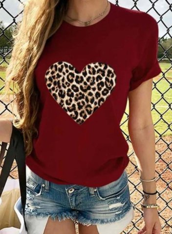 Women's T-Shirt Leopard Heart-shaped Short Sleeve Round Neck Casual T-shirt