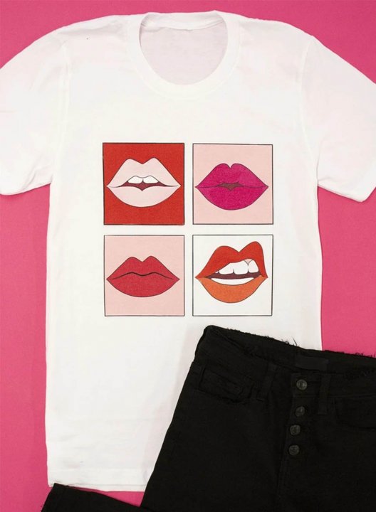 Women's Funny T-shirts Color-block Lip Graphic Short Sleeve Round Neck Daily T-shirt