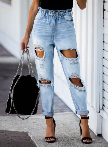 Women's Jeans Straight Solid High Waist Daily Full Length Casual Pocket Ripped Jeans