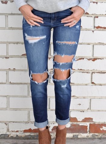 Women's Jeans Slim Solid Mid Waist Daily Ankle-length Casual Ripped Jeans