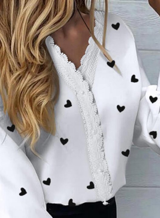 Women's Shirts Lace Heart-shaped Long Sleeve V Neck Daily Casual Shirt