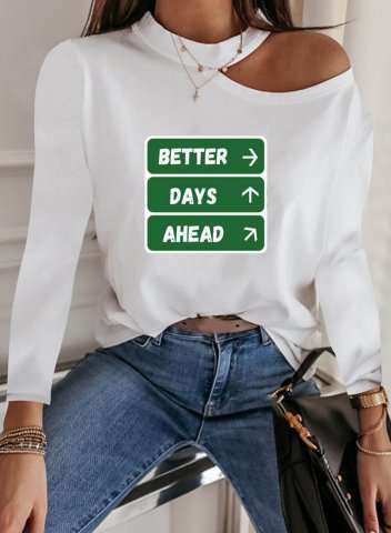 Women's T-shirts Solid Letter Asymmetrical Halter Neck Long Sleeve Casual Daily T-shirts