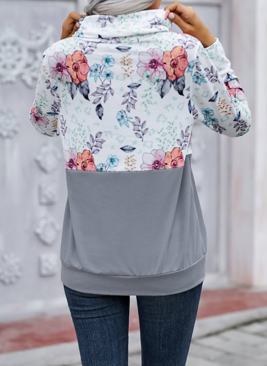 Color Block Long Sleeve High Neck Floral Sweatshirt