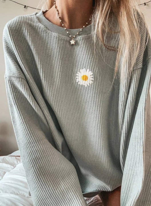 Solid Round Neck Little Daisy Long Sleeve Sweatshirt