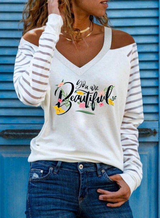 Women's Pullovers Floral Letter Long Sleeve V Neck Cold Shoulder Pullover