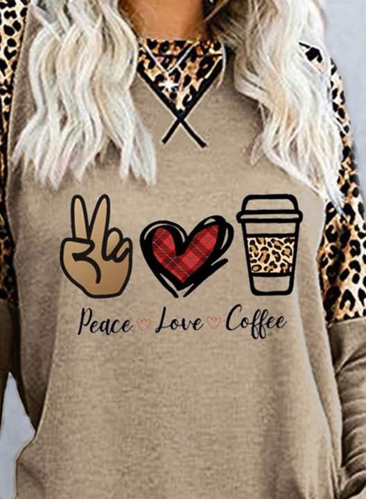 Women's T-shirts Leopard Color-block Letter Heart-shaped Long Sleeve Round Neck Casual T-shirt