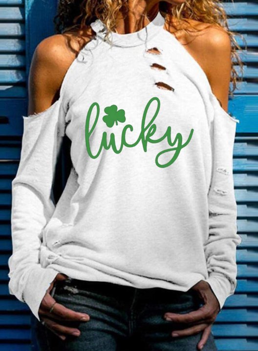 Women's Lucky Letter Print Clover Sweatshirt Long Sleeve Cold Shoulder Daily St. Patrick's Day T-shirt