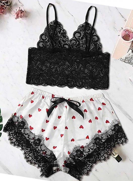 Women's Pajamas Sets Heart-shaped Sleeveless V Neck Lace Daily Pajamas Set