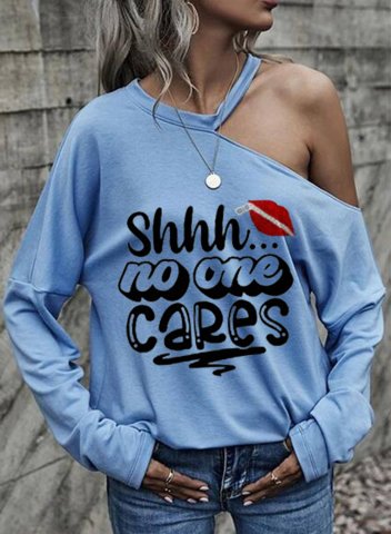 Women's Funny T-shirt - Shhh No One Cares T-shirts Casual Cold Shoulder Long Sleeve Daily T-shirts