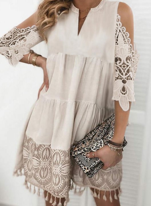 Women's Mini Dresses Lace V Neck Solid 3/4 Sleeve Dress