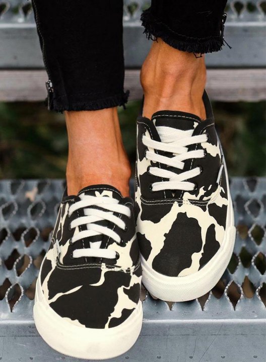 Women's Sneakers Cow Print Lace Up Round Toe Flat Sneakers