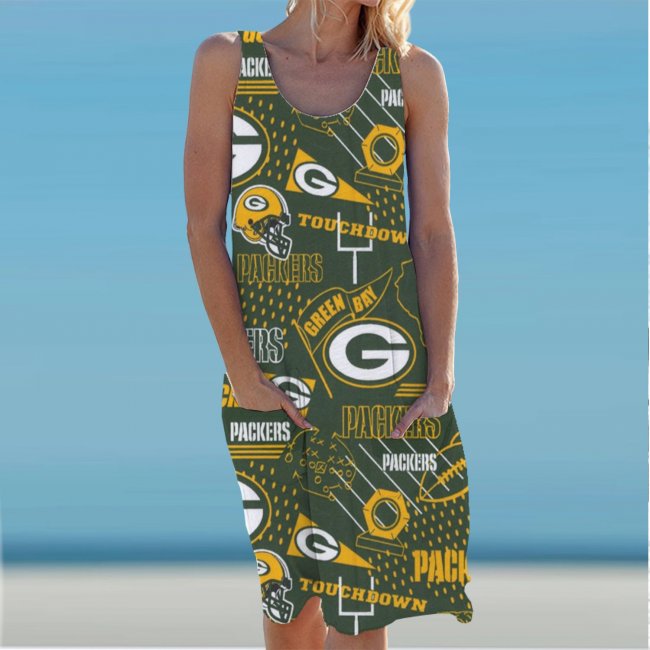 Green Bay Packers Match Round Neck Sleeveless Knit Dress