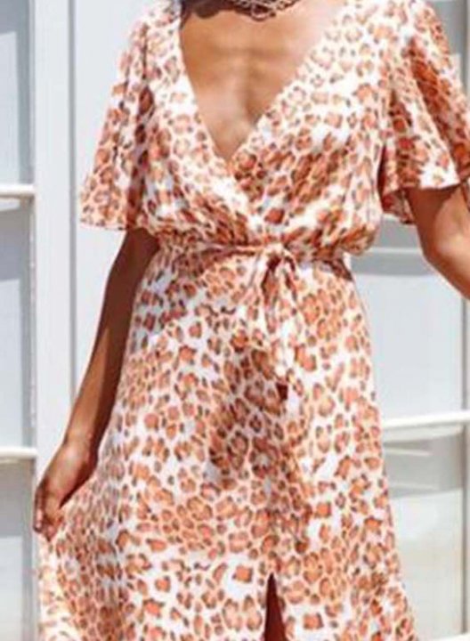 Women's Maxi Dress Leopard Color Block V Neck Criss Cross Half Sleeve Summer Vacation Beach Maxi Dress