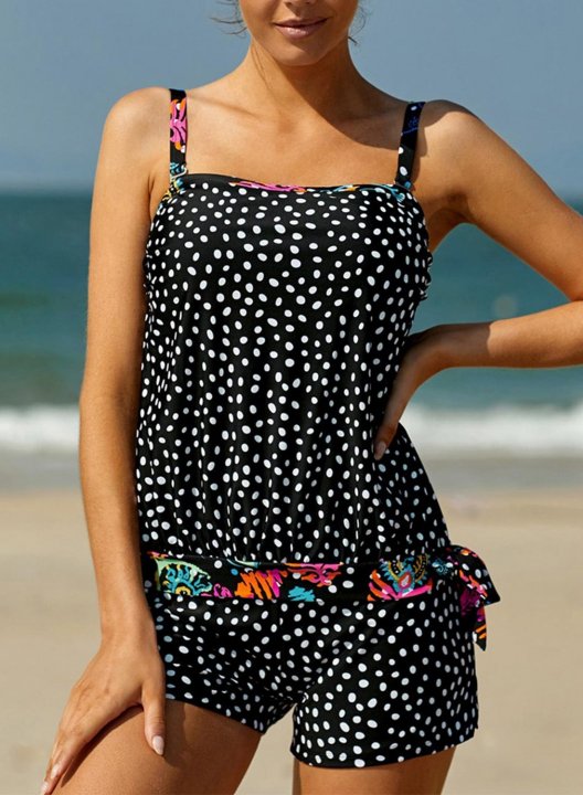 Women's Tankinis Mid Waist Polka Dot Padded Spaghetti Tankini Set