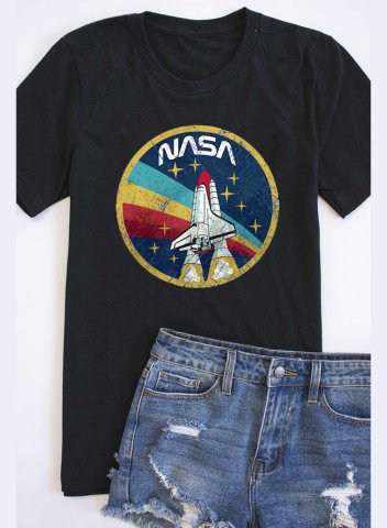 Women's T-shirts Nasa Letter Graphic Short Sleeve Round Neck Daily T-shirt