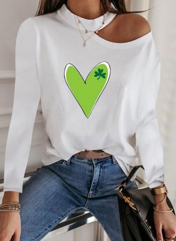 Women's St.Patrick's Day Sweatshirt Heart Shamrock Print Long Sleeve Crew Neck Cold Shoulder Pullover