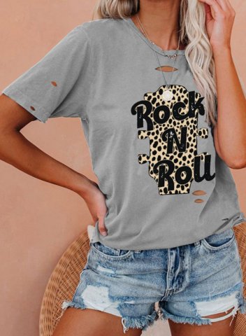 Women's Rock & Roll T-shirts Leopard Letter Print Short Sleeve Round Neck Daily Basic T-shirt