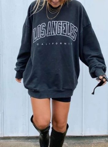 Solid Long Sleeve Round Neck Letter Sweatshirt