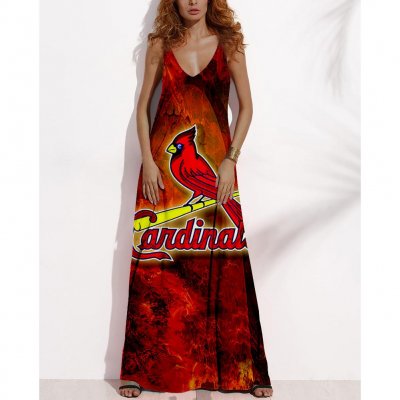 Women's Summer ST. LOUIS CARDINALS Fan Print V-neck Sleeveless Loose Long A-line Dress