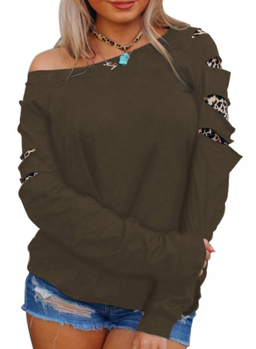 Off shoulder Leopard Solid Long Sleeve Cut out Sweatshirt