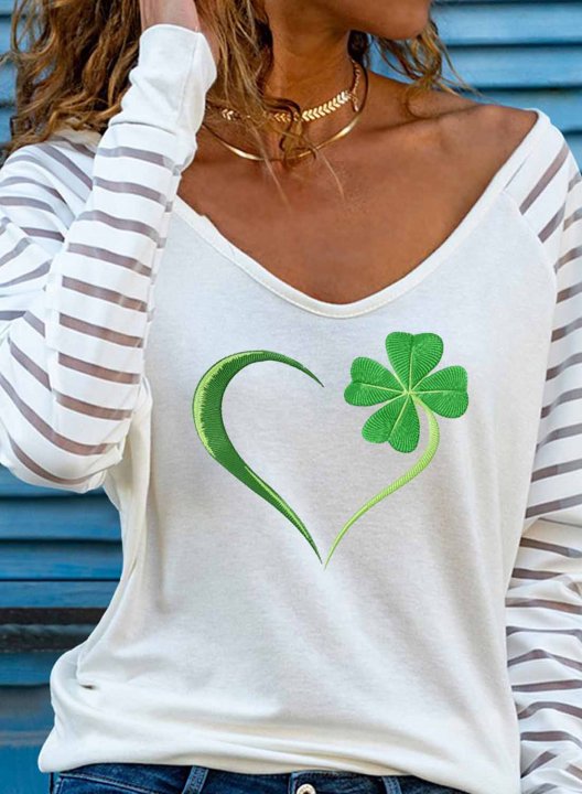 Women's T-shirts Clover Print Long Sleeve V Neck Daily Cut-out T-shirt