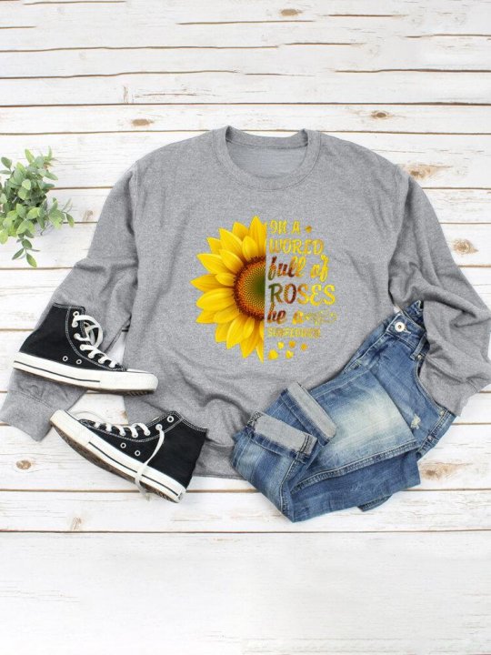 Sunflower Print O-neck Long Sleeves Casual Sweatshirt