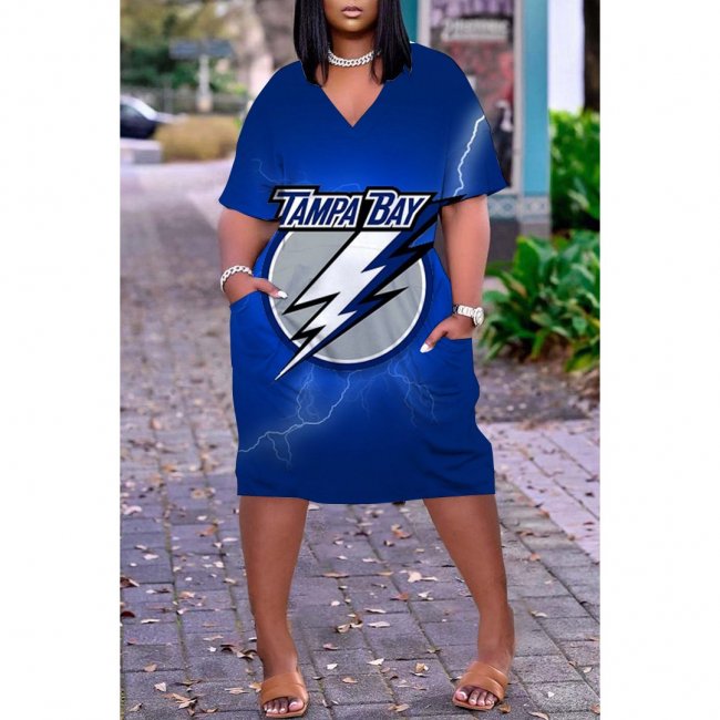 Tampa Bay Lightning Print Fashion Casual V Neck Short Sleeve Dress