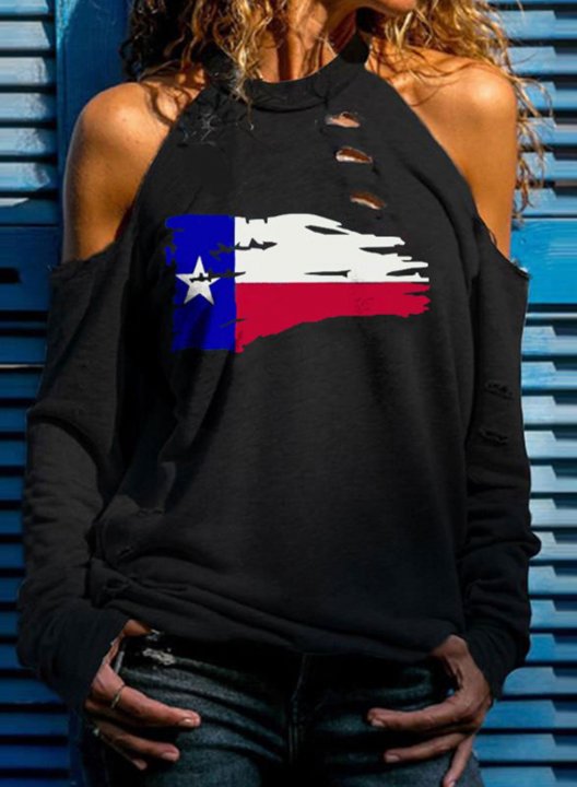 Women's Texas Flag Print Sweatshirt Cold Shoulder Cut-out Long Sleeve Stand Neck Casual Pullovers