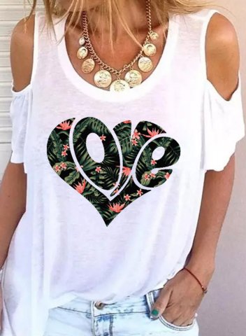 Women's T-shirts Floral Letter Heart-shaped Cold Shoulder Solid Short Sleeve Daily T-shirts