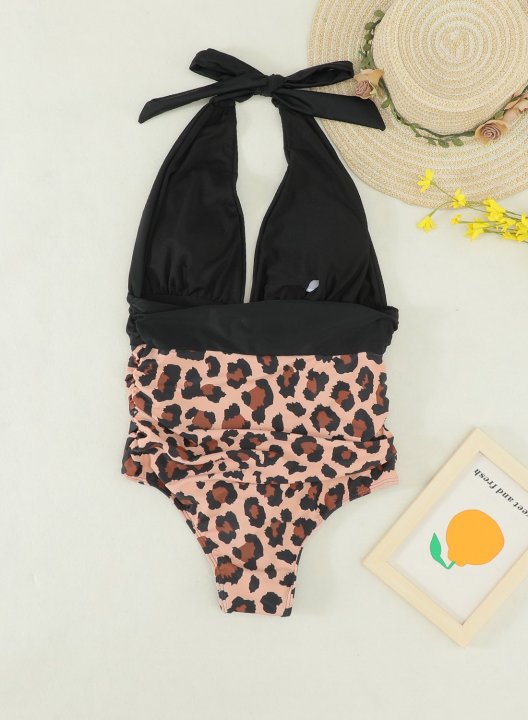 Women's Swimsuit Solid Leopard V Neck Vacation One-Piece Swimsuits One-Piece Bathing Suits