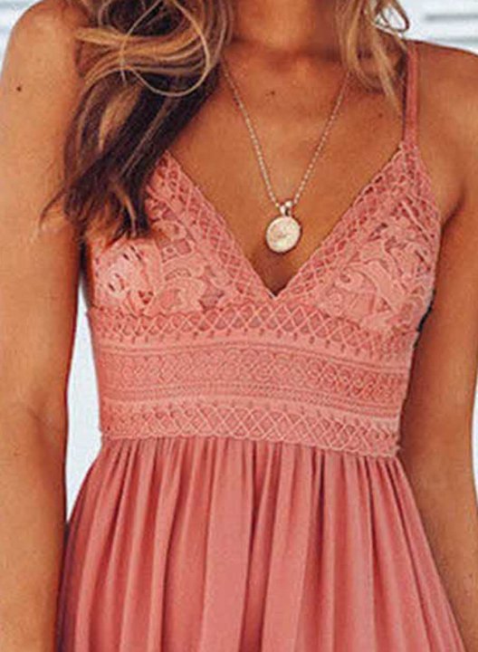 Women's Mini Dresses Fashion Solid Sleeveless V Neck Vintage Spaghetti Knot Lace Dress