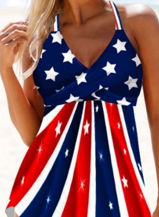 Women's Tankini Sets Star Striped American Flag Print Padded Knot High Waist V Neck Halter Swim Dress