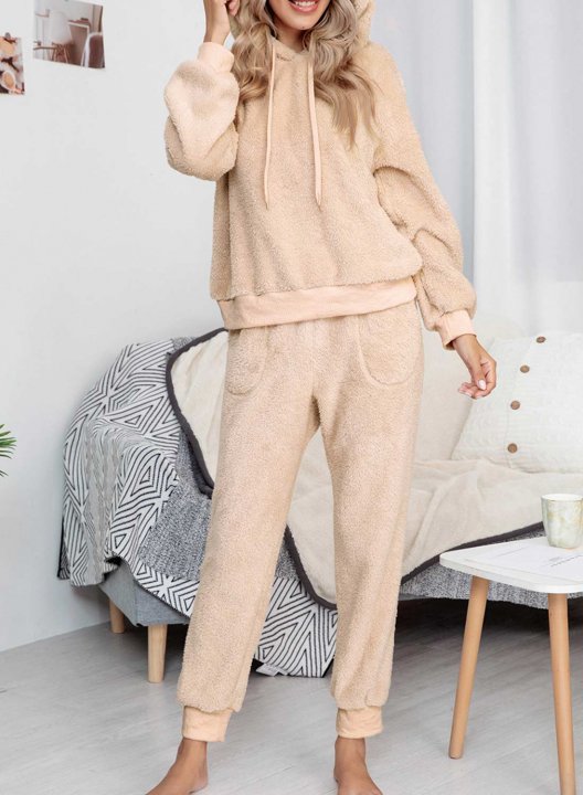 Women's Loungewear Sets Round Neck Long Sleeve Solid Hooded Two-Piece Pajama Sets