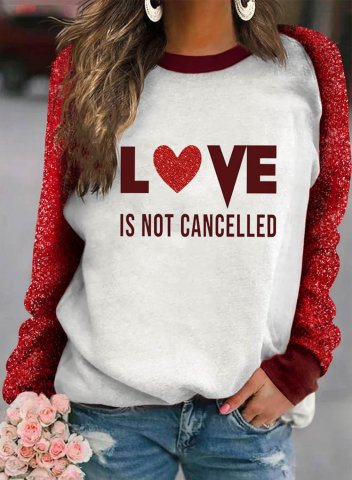 Women's T-shirts Color Block Heart-shaped Letter Print Sequin Long Sleeve Round Neck Daily T-shirt